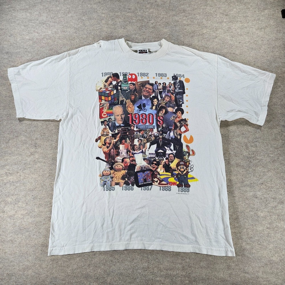 Vintage 1999 1980s Pop Culture Collage T Shirt XL MTV Mario Pac Man Tultex